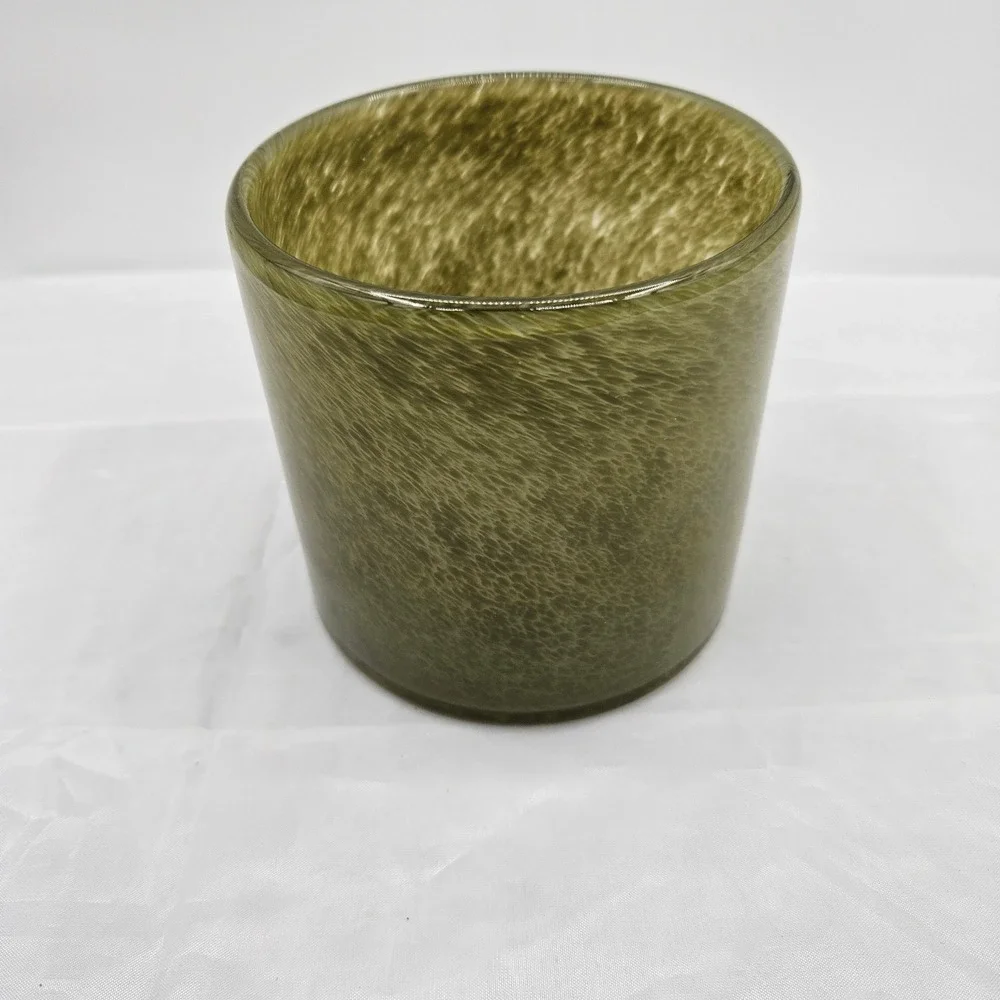 Hand Blown Olive Green Mottled Glass Vase Cylindrical Candle Holder 4.5x4in
